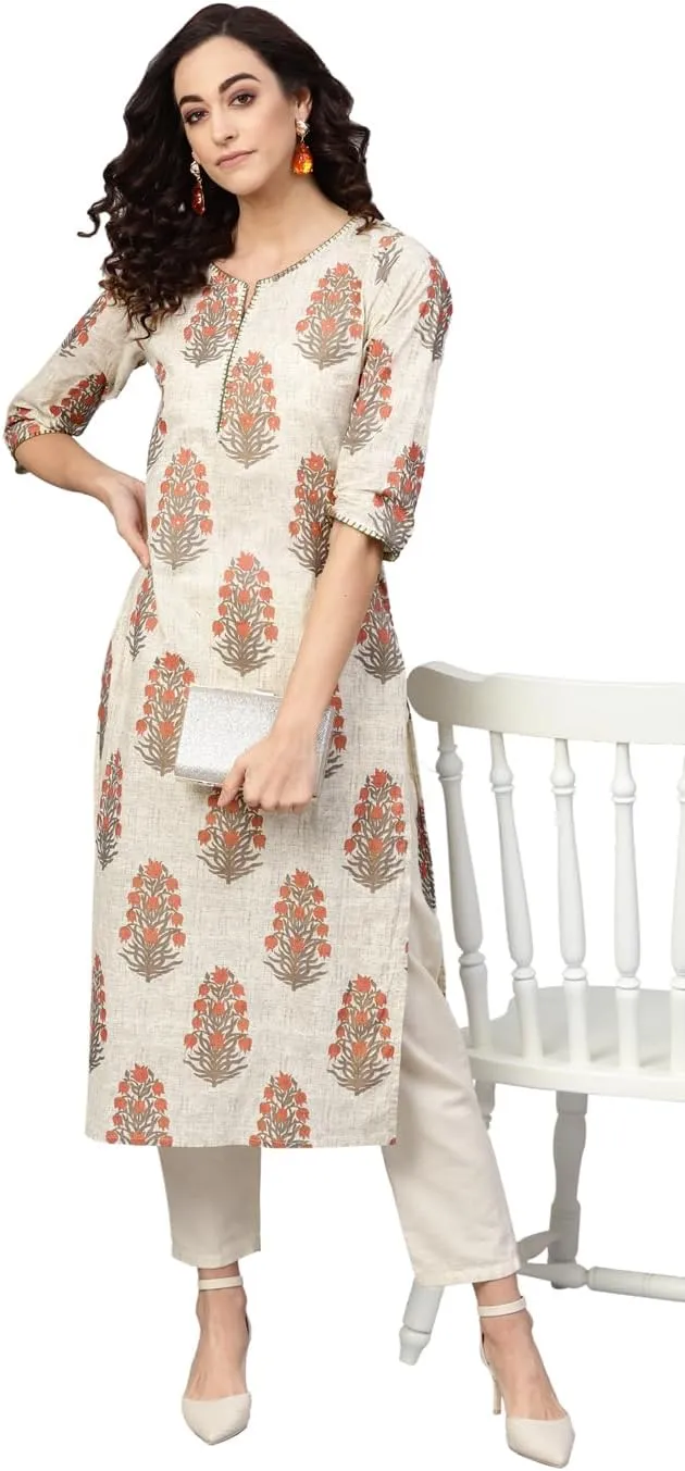Akiko Women's Cotton Cambric Sequin Work Straight Kurta (Beige, XXL)