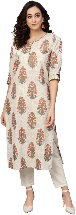Akiko Women's Cotton Cambric Sequin Work Straight Kurta (Beige, XXL)