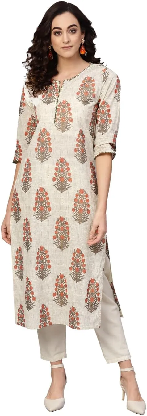 Akiko Women's Cotton Cambric Sequin Work Straight Kurta (Beige, XXL)