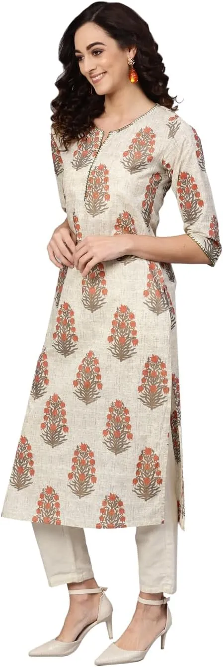 Akiko Women's Cotton Cambric Sequin Work Straight Kurta (Beige, XXL)