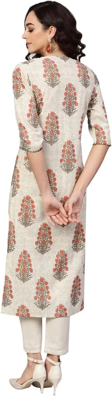 Akiko Women's Cotton Cambric Sequin Work Straight Kurta (Beige, XXL)