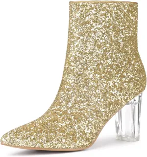 Allegra K Women's Clear Block Heel Glitter Ankle Boots