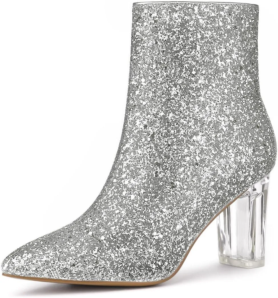 Allegra K Women's Clear Block Heel Glitter Ankle Boots