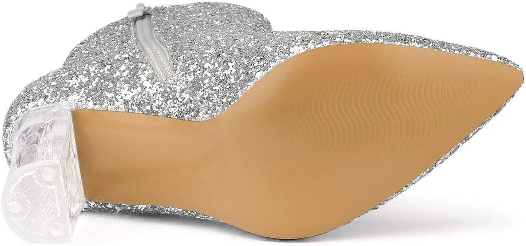 Allegra K Women's Clear Block Heel Glitter Ankle Boots