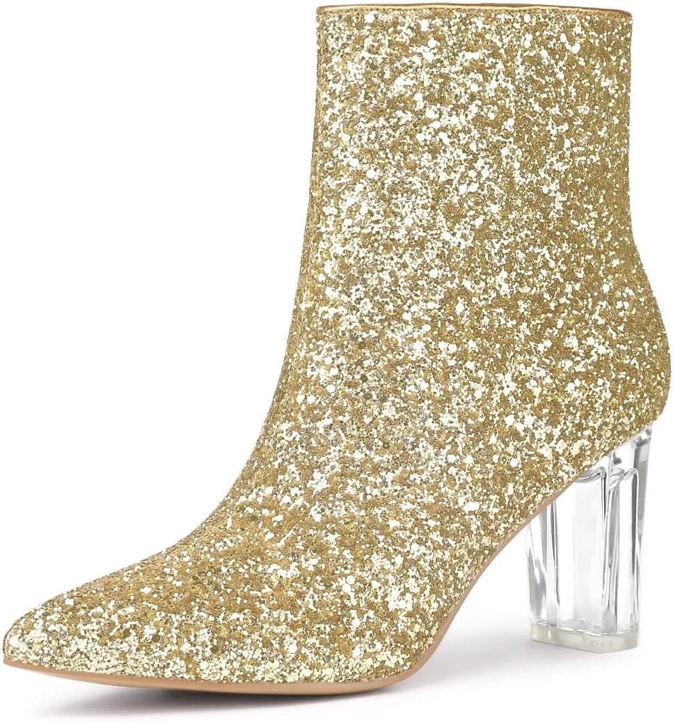 Allegra K Women's Clear Block Heel Glitter Ankle Boots