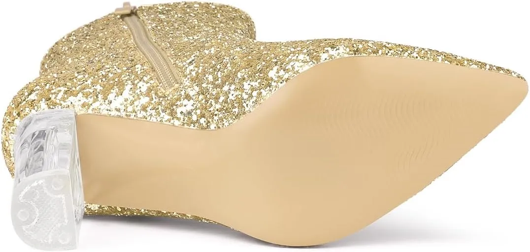 Allegra K Women's Clear Block Heel Glitter Ankle Boots