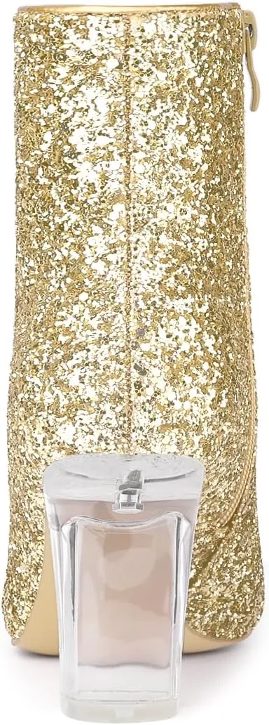 Allegra K Women's Clear Block Heel Glitter Ankle Boots