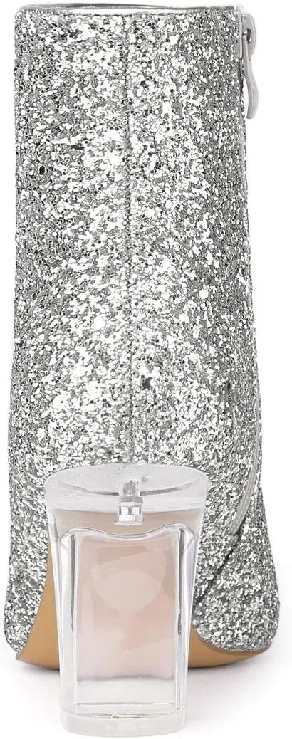 Allegra K Women's Clear Block Heel Glitter Ankle Boots