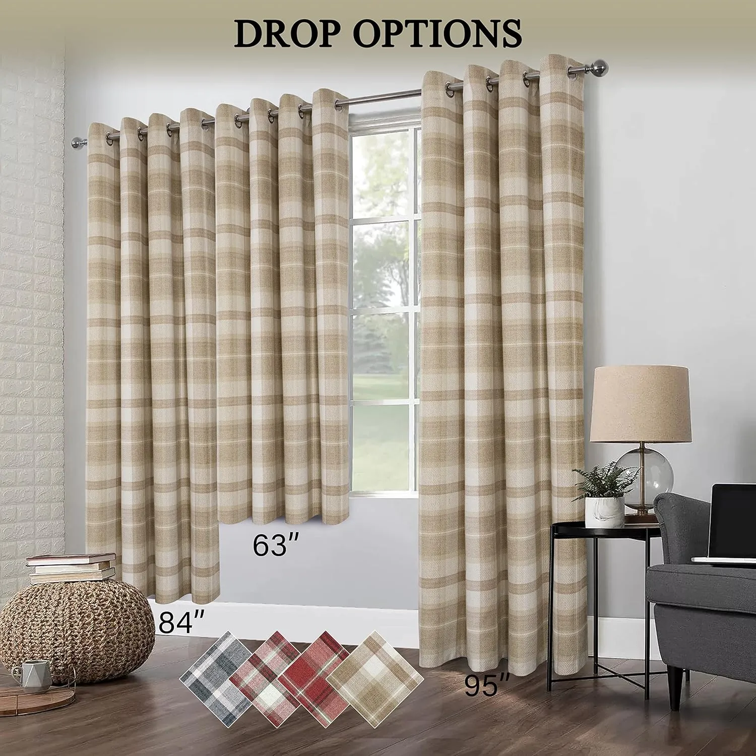 always4u Beige Plaid Curtains Grommet Woolen Look Modern Living Room Bedroom Home Decoration Check Drapes Beige 2 Panels 54 * 84 Inch