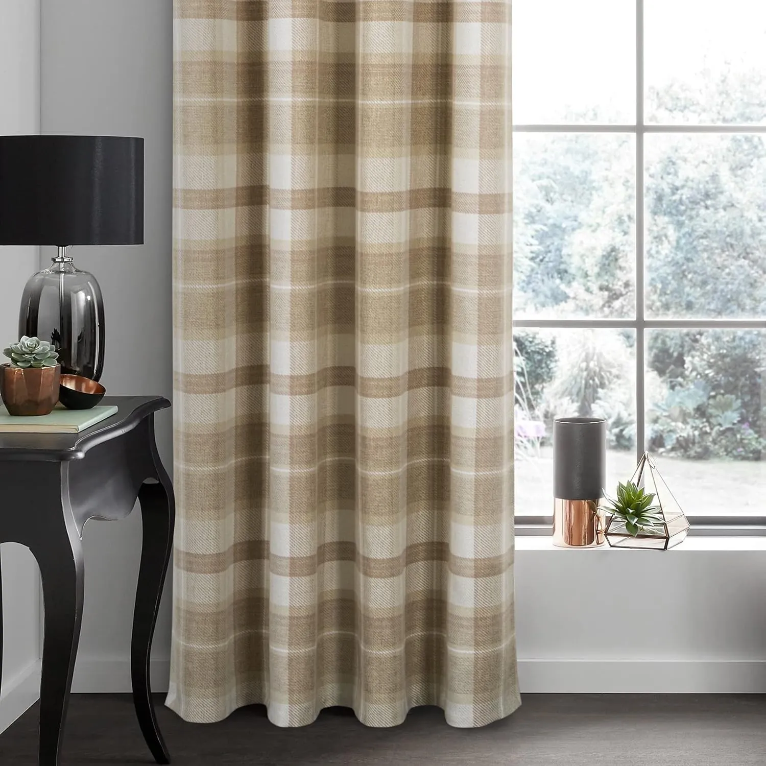 always4u Beige Plaid Curtains Grommet Woolen Look Modern Living Room Bedroom Home Decoration Check Drapes Beige 2 Panels 54 * 84 Inch