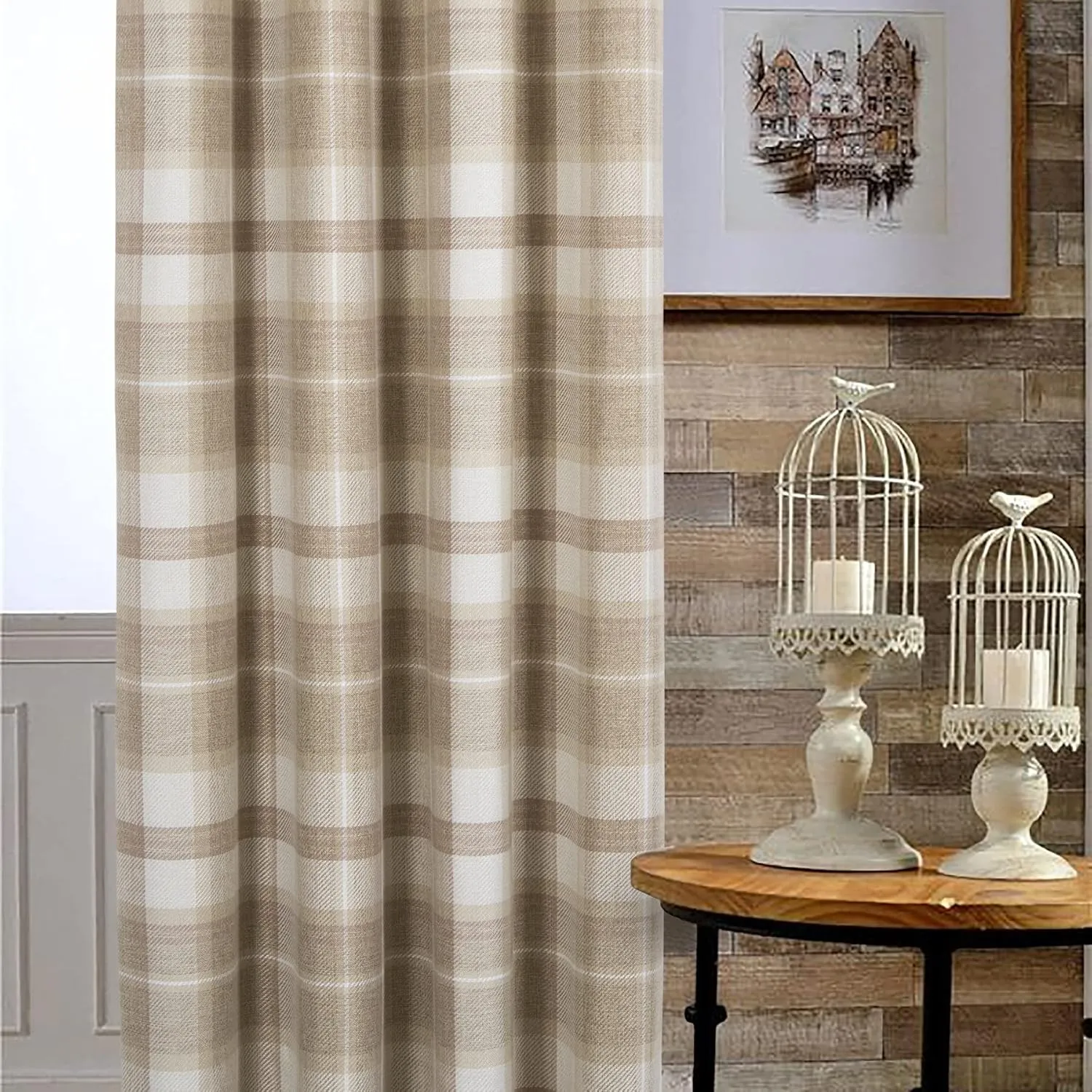 always4u Beige Plaid Curtains Grommet Woolen Look Modern Living Room Bedroom Home Decoration Check Drapes Beige 2 Panels 54 * 84 Inch