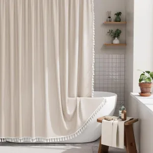 AmazerBath Boho Shower Curtain with Tassels, Beige Shower Curtains for Bathroom, Farmhouse Shower Curtain with Hooks, Faux Linen Rustic Shower Curtain Set, Water Repellent, 72x72 Inches