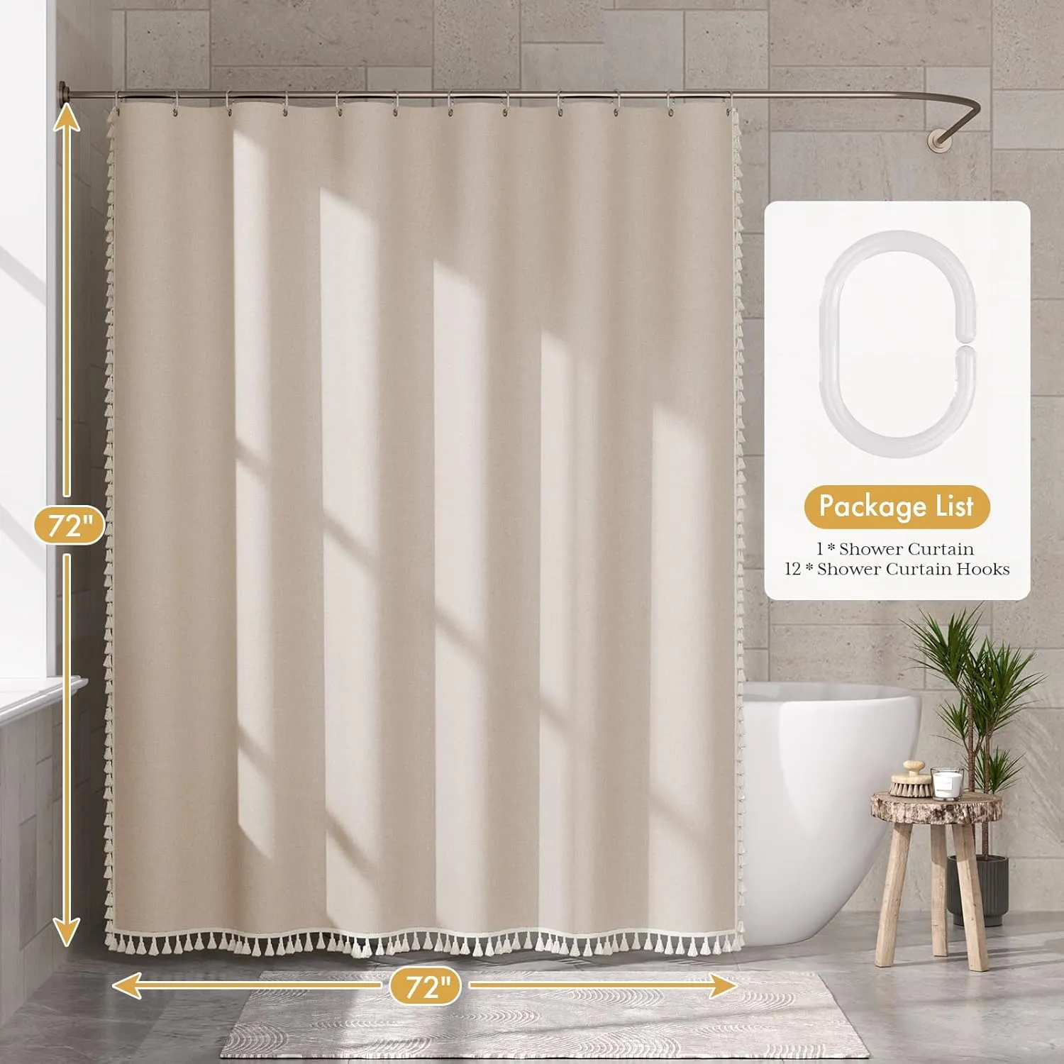 AmazerBath Boho Shower Curtain with Tassels, Beige Shower Curtains for Bathroom, Farmhouse Shower Curtain with Hooks, Faux Linen Rustic Shower Curtain Set, Water Repellent, 72x72 Inches