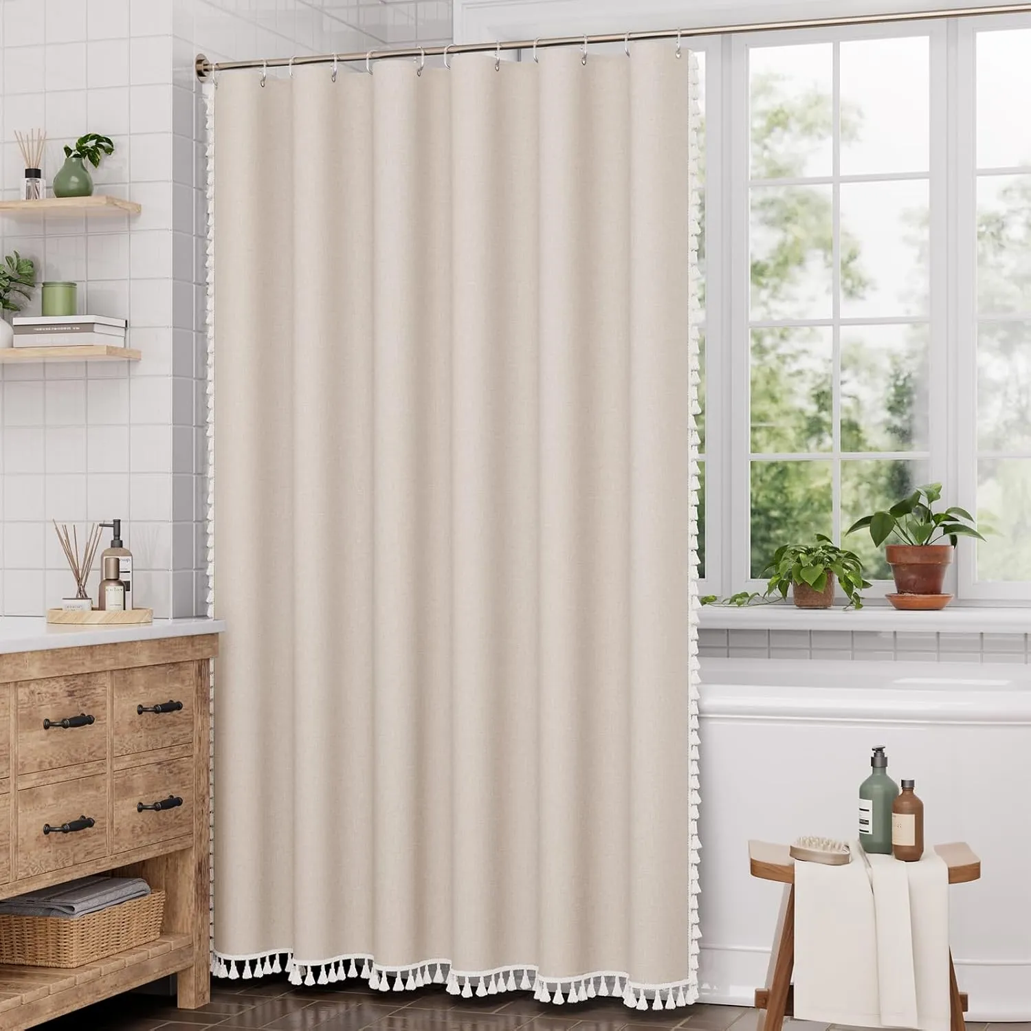 AmazerBath Boho Shower Curtain with Tassels, Beige Shower Curtains for Bathroom, Farmhouse Shower Curtain with Hooks, Faux Linen Rustic Shower Curtain Set, Water Repellent, 72x72 Inches