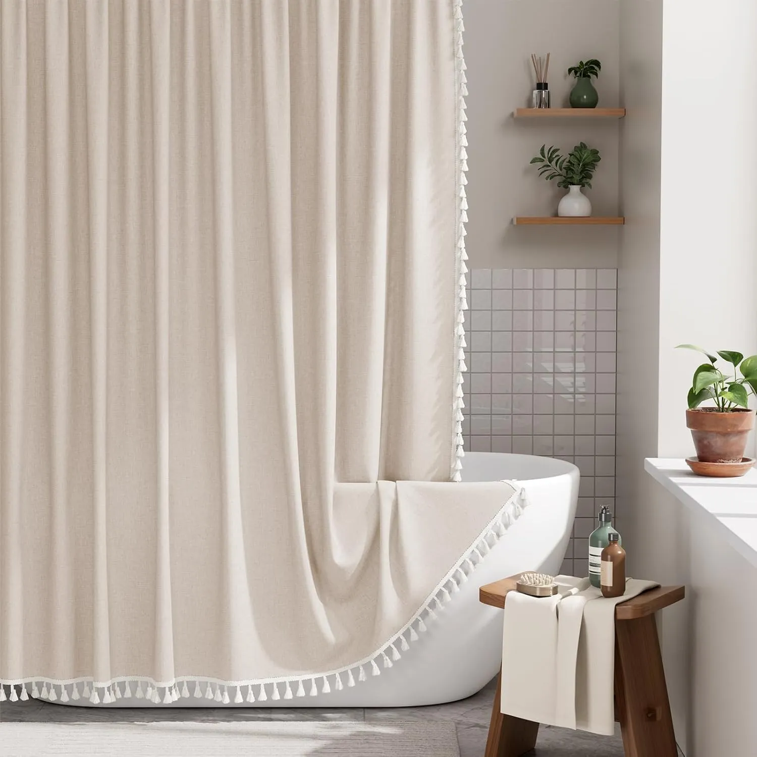 AmazerBath Boho Shower Curtain with Tassels, Beige Shower Curtains for Bathroom, Farmhouse Shower Curtain with Hooks, Faux Linen Rustic Shower Curtain Set, Water Repellent, 72x72 Inches