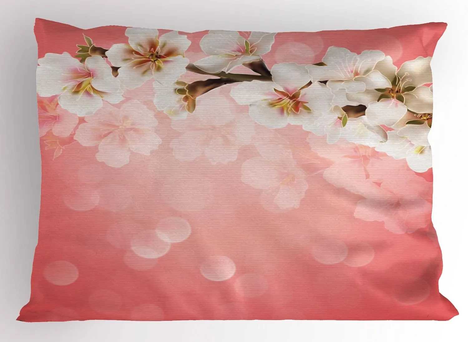 Ambesonne Coral Pillow Sham, Blossoming Tree Branch Japanese Cherry Sakura Fresh Spring Garden Romantic, Decorative Standard Queen Size Printed Pillowcase, 30" X 20", Coral Green White