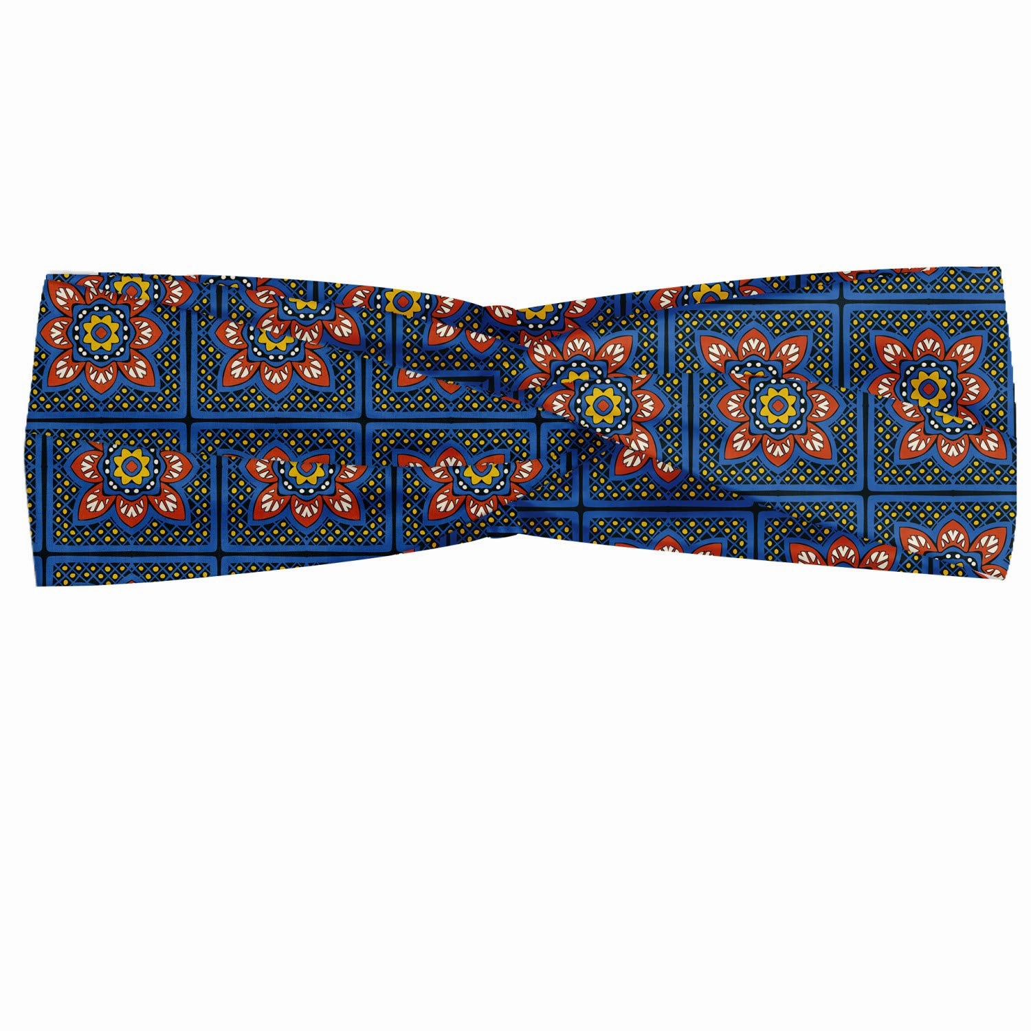 Ambesonne Boho Headband for Women, Talavera Inspired Squares with Dots and Flowers, Elastic Comfy Hair Accessory Knotted Head Wrap Everyday Use, XS-S, Coral Dark Sky Blue