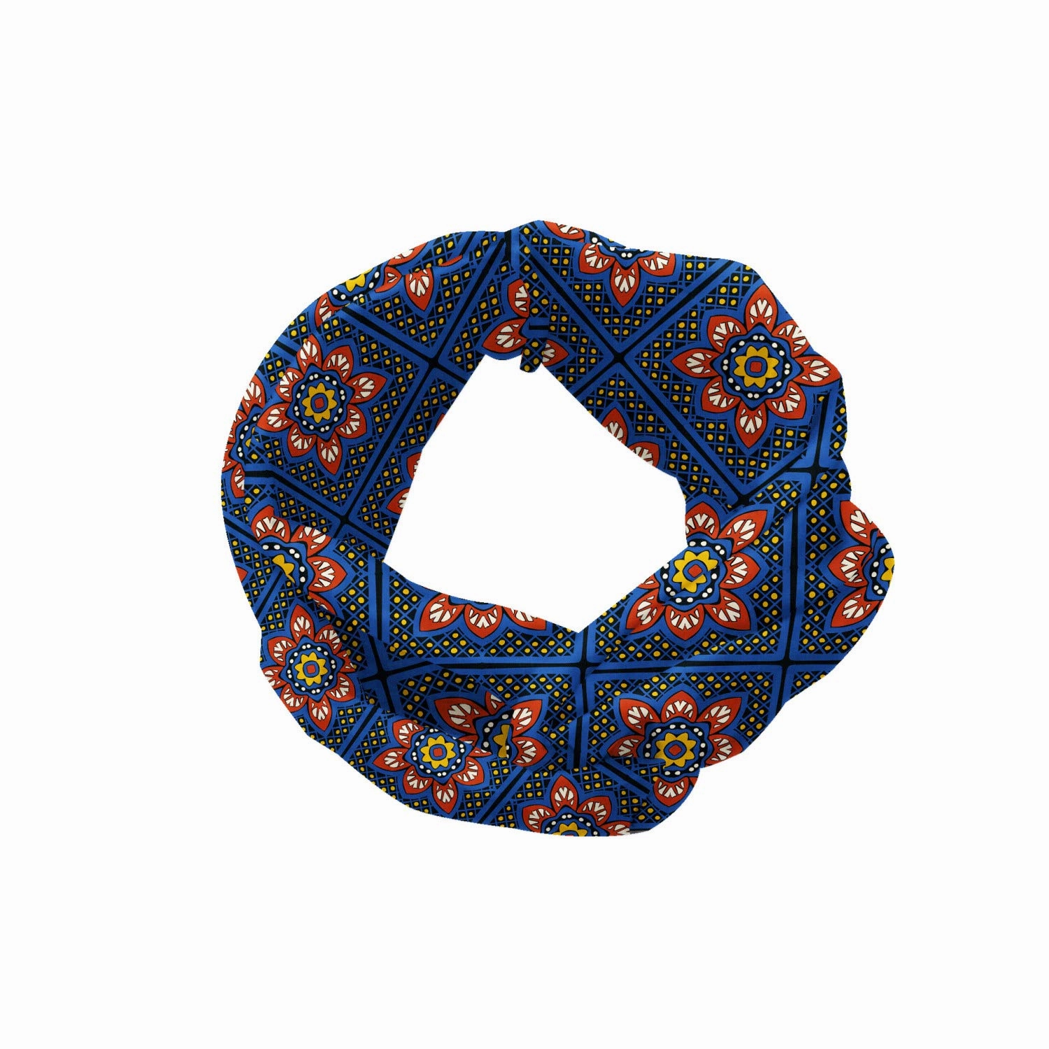 Ambesonne Boho Headband for Women, Talavera Inspired Squares with Dots and Flowers, Elastic Comfy Hair Accessory Knotted Head Wrap Everyday Use, XS-S, Coral Dark Sky Blue