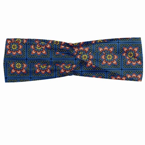 Ambesonne Boho Headband for Women, Talavera Inspired Squares with Dots and Flowers, Elastic Comfy Hair Accessory Knotted Head Wrap Everyday Use, XS-S, Coral Dark Sky Blue