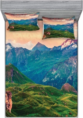 Ambesonne Mountain Fitted Sheet & Pillow Sham Set, Summer Morning of Grossglockner High Alpine Road Austrian Dramatic Sunset, Decorative Printed 3 Piece Bedding Decor Set, Calking, Coral Teal Green