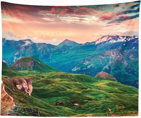 Ambesonne Mountain Tapestry King Size, Summer Morning of Grossglockner High Alpine Road Austrian Dramatic Sunset, Wall Hanging Bedspread Bed Cover Wall Decor, 104" X 88", Coral Teal Green