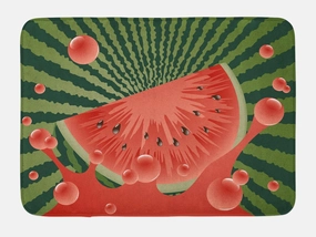 Ambesonne Summer Bath Mat, Watermelon Cartoon Ornament with Nature Stripes Splashing Juice, Plush Bathroom Decor Mat with Non Slip Backing, 30.2" x 20", Hunter Green and Dark Coral