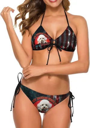 American Flag Glitter Bichon Frise Women's Halter Triangle Tie Side Bikini Set Two Piece Swimsuits