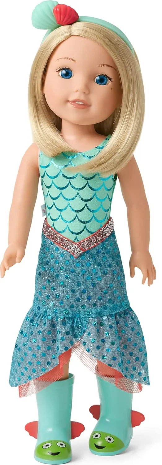 American Girl WellieWishers 14.5-inch Camille Doll with Blue Leotard, Mermaid Skirt, Headband, and Boots, For Ages 4 