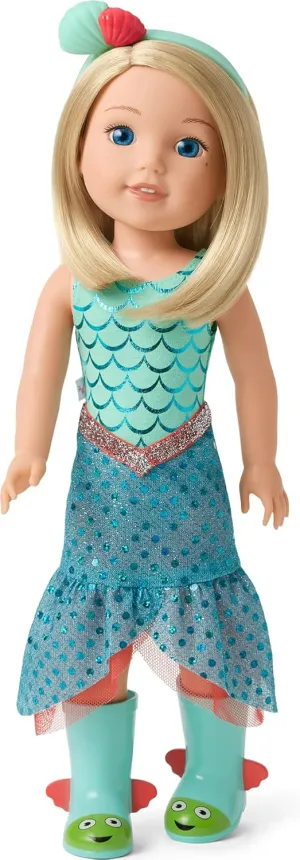 American Girl WellieWishers 14.5-inch Camille Doll with Blue Leotard, Mermaid Skirt, Headband, and Boots, For Ages 4 