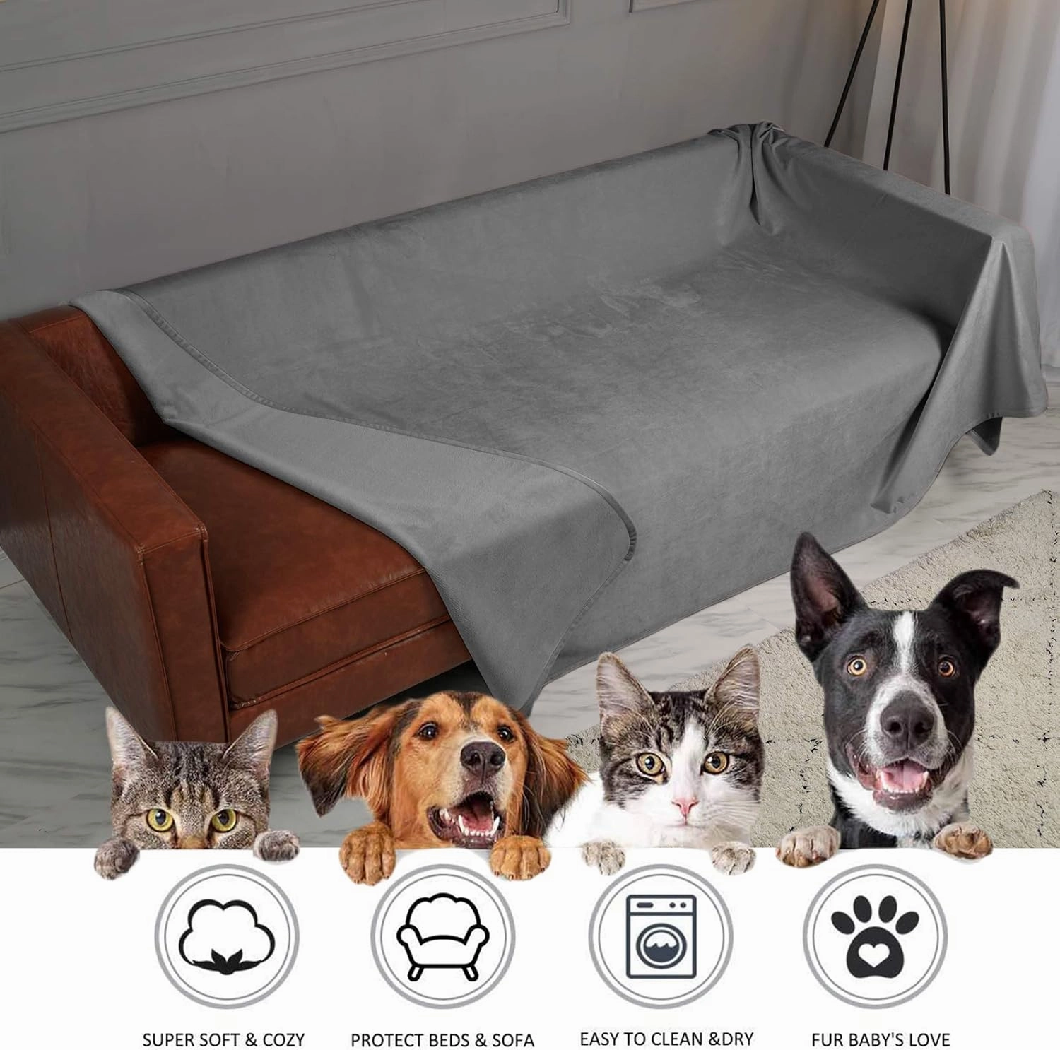 Ameritex Pet Bed Blanket Reversible 100% Waterproof Velvet Super Soft for Sofa and Bed (52x82 Inches, Light Grey Grey)