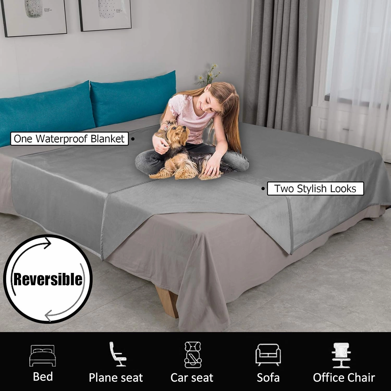 Ameritex Pet Bed Blanket Reversible 100% Waterproof Velvet Super Soft for Sofa and Bed (52x82 Inches, Light Grey Grey)