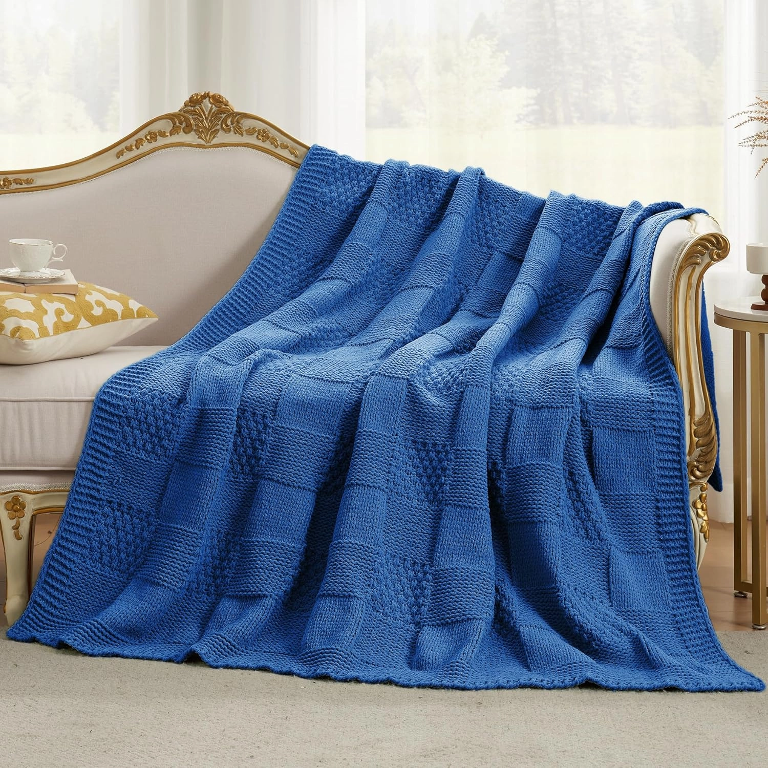 Amélie Home Chenille Knit Throw Blanket for Couch, Checkered Texture Decorative Soft Blanket for Sofa, Bed & Living Room, 50"x60", Blue