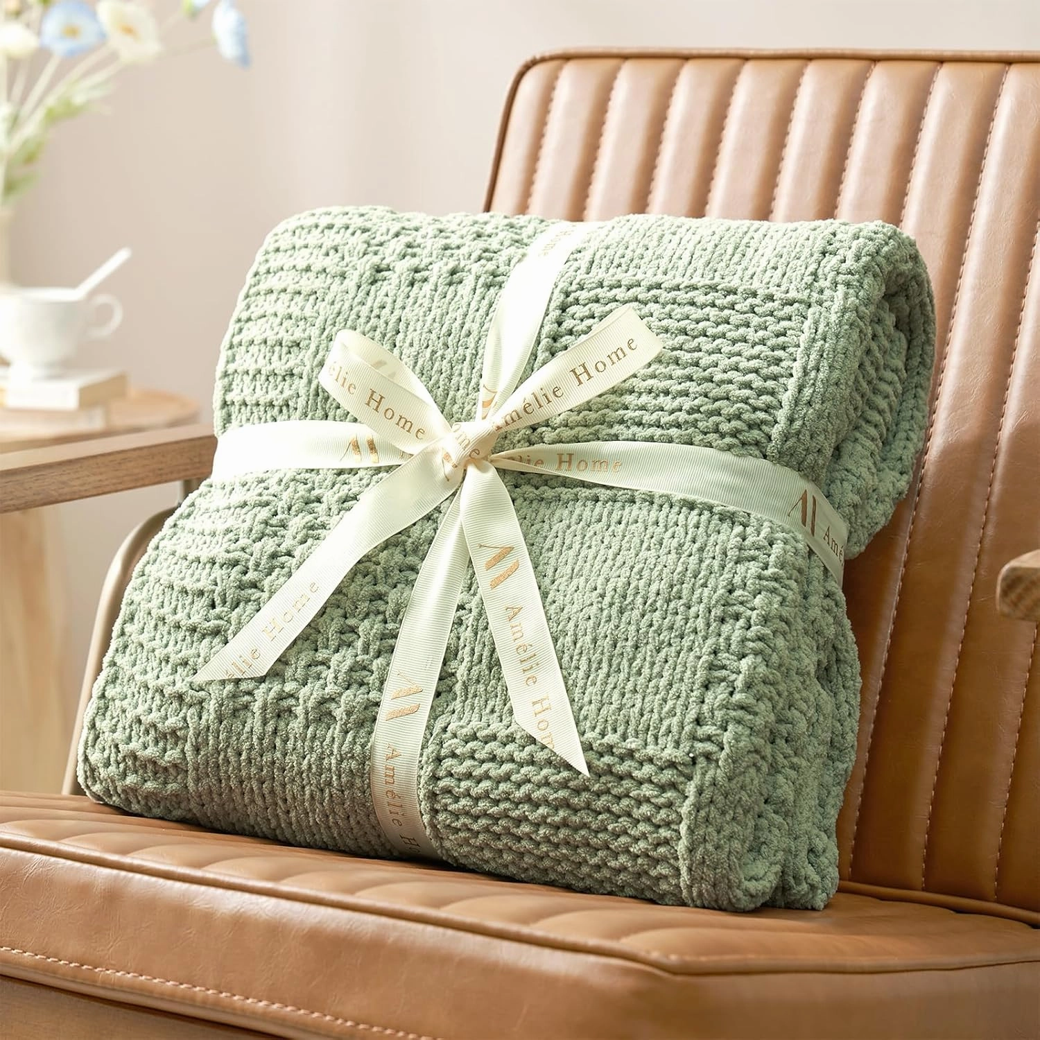Amélie Home Chenille Knit Throw Blanket for Couch, Checkered Texture Decorative Soft Blanket for Sofa, Bed & Living Room, 50"x60", Sage Green