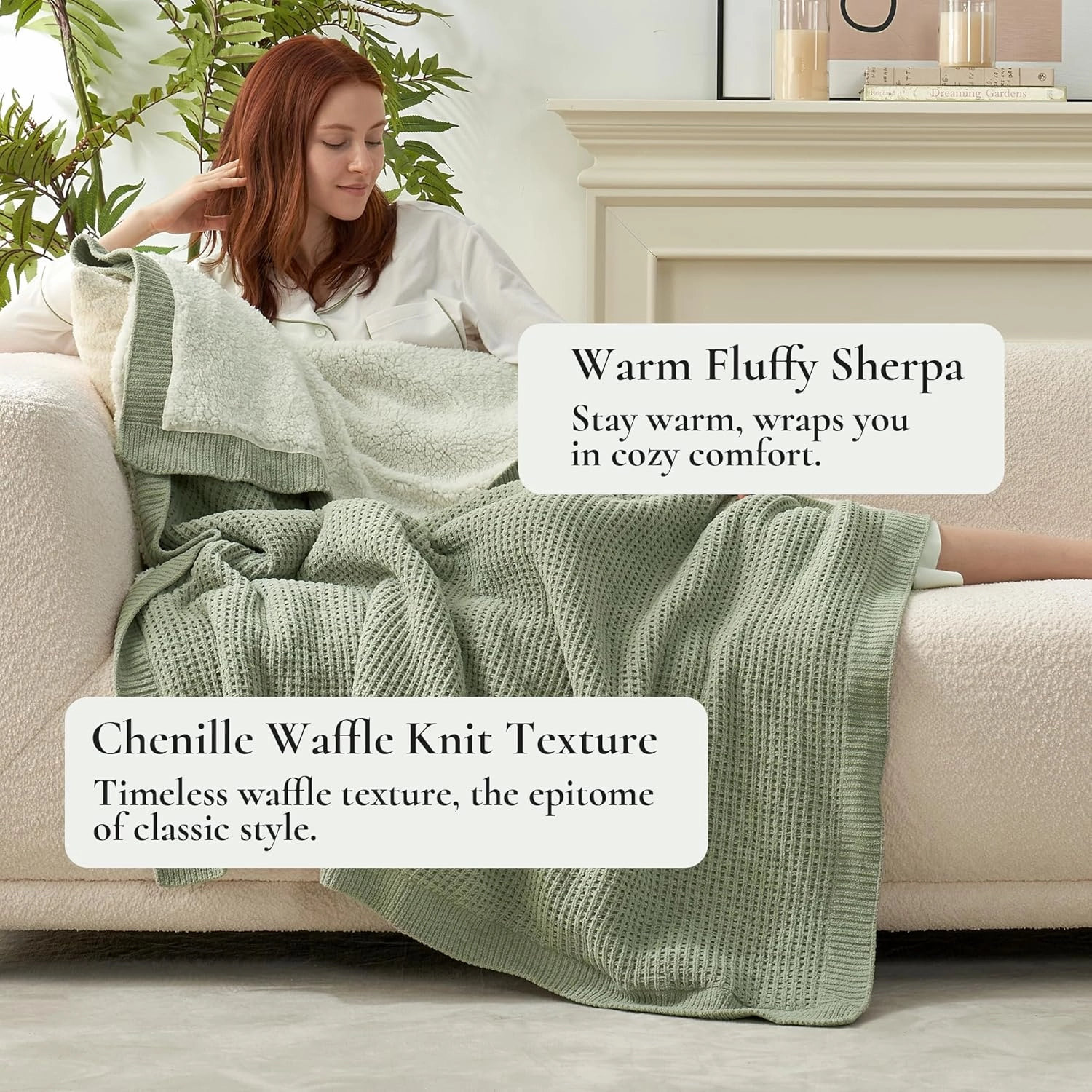 Amélie Home Waffle Weave Sherpa Throw Blanket for Couch Bed- Reversible Fleece Chenille Fuzzy Soft Cozy Fluffy Blankets Sofa Chair Living Room Bedroom Home Spring Decor, 50"x60", Sage Green