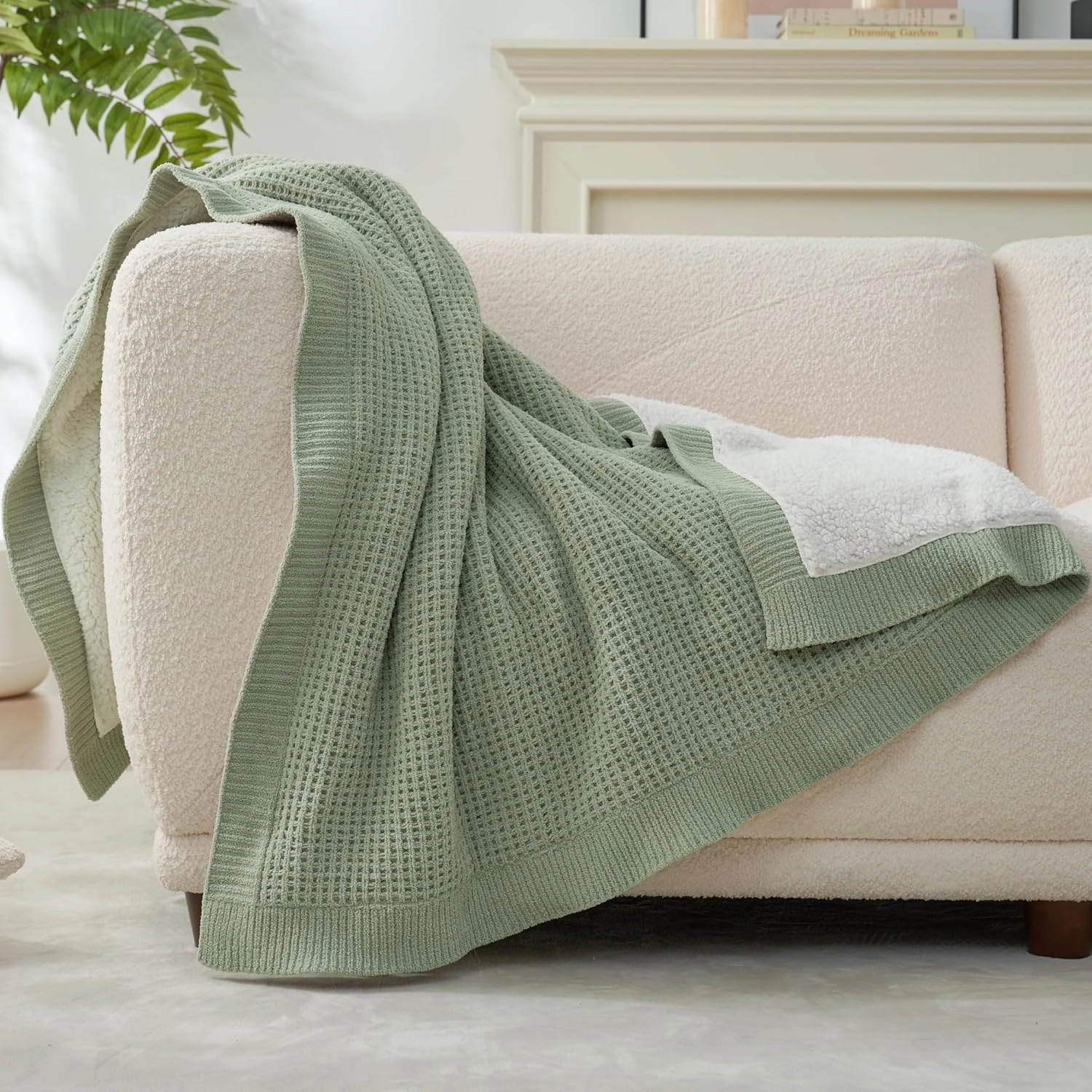 Amélie Home Waffle Weave Sherpa Throw Blanket for Couch Bed- Reversible Fleece Chenille Fuzzy Soft Cozy Fluffy Blankets Sofa Chair Living Room Bedroom Home Spring Decor, 50"x60", Sage Green