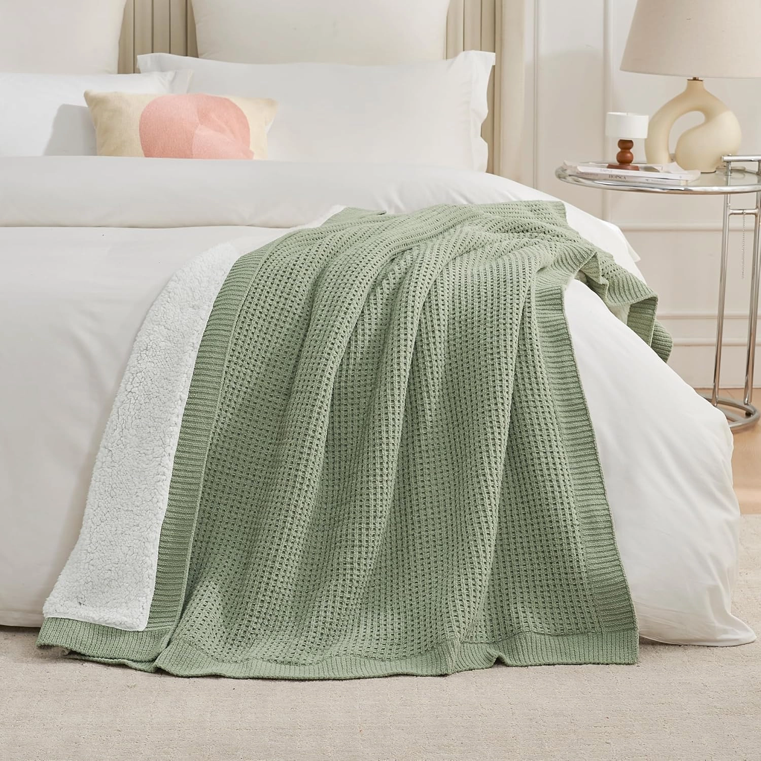 Amélie Home Waffle Weave Sherpa Throw Blanket for Couch Bed- Reversible Fleece Chenille Fuzzy Soft Cozy Fluffy Blankets Sofa Chair Living Room Bedroom Home Spring Decor, 50"x60", Sage Green