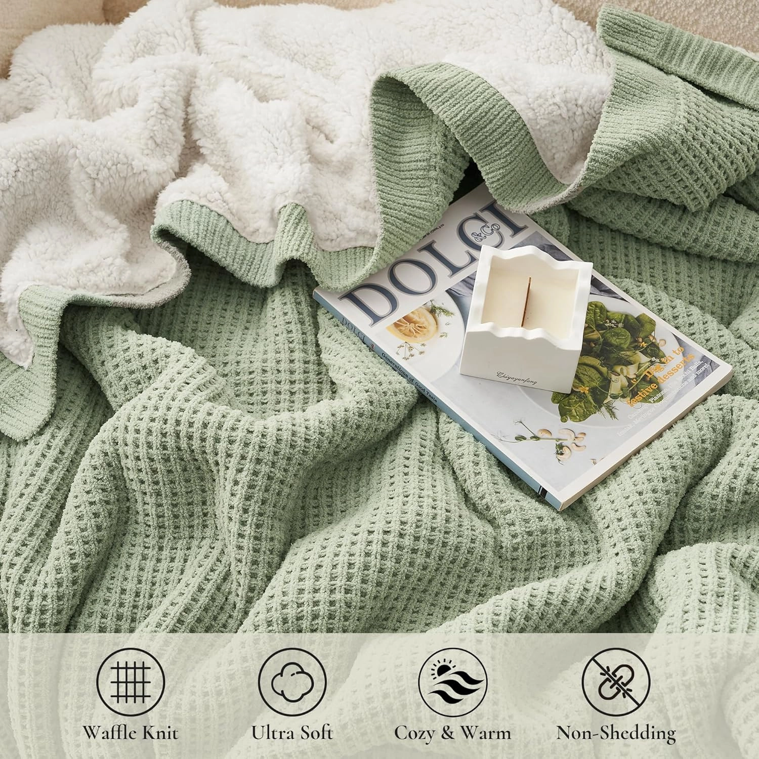 Amélie Home Waffle Weave Sherpa Throw Blanket for Couch Bed- Reversible Fleece Chenille Fuzzy Soft Cozy Fluffy Blankets Sofa Chair Living Room Bedroom Home Spring Decor, 50"x60", Sage Green