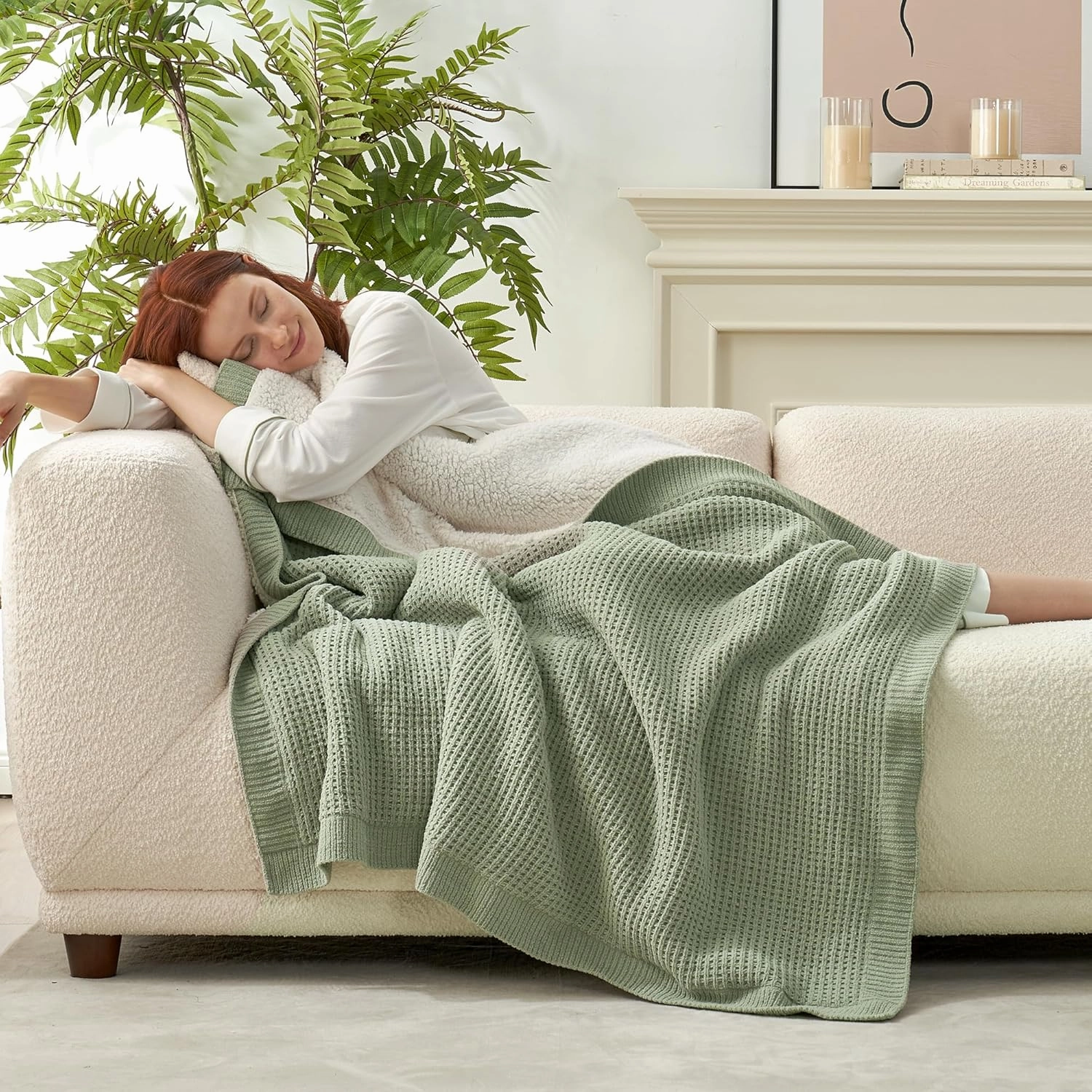 Amélie Home Waffle Weave Sherpa Throw Blanket for Couch Bed- Reversible Fleece Chenille Fuzzy Soft Cozy Fluffy Blankets Sofa Chair Living Room Bedroom Home Spring Decor, 50"x60", Sage Green
