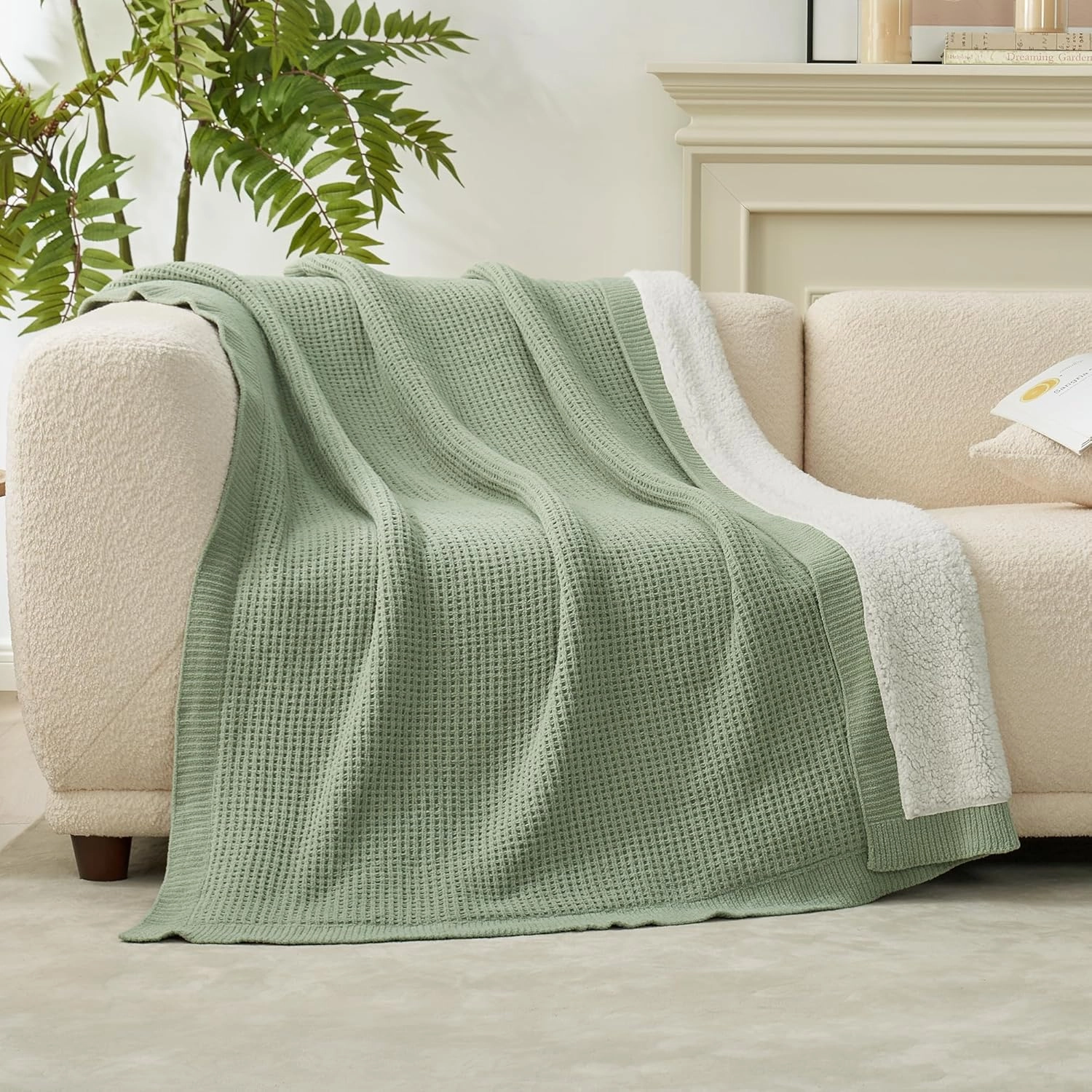 Amélie Home Waffle Weave Sherpa Throw Blanket for Couch Bed- Reversible Fleece Chenille Fuzzy Soft Cozy Fluffy Blankets Sofa Chair Living Room Bedroom Home Spring Decor, 50"x60", Sage Green