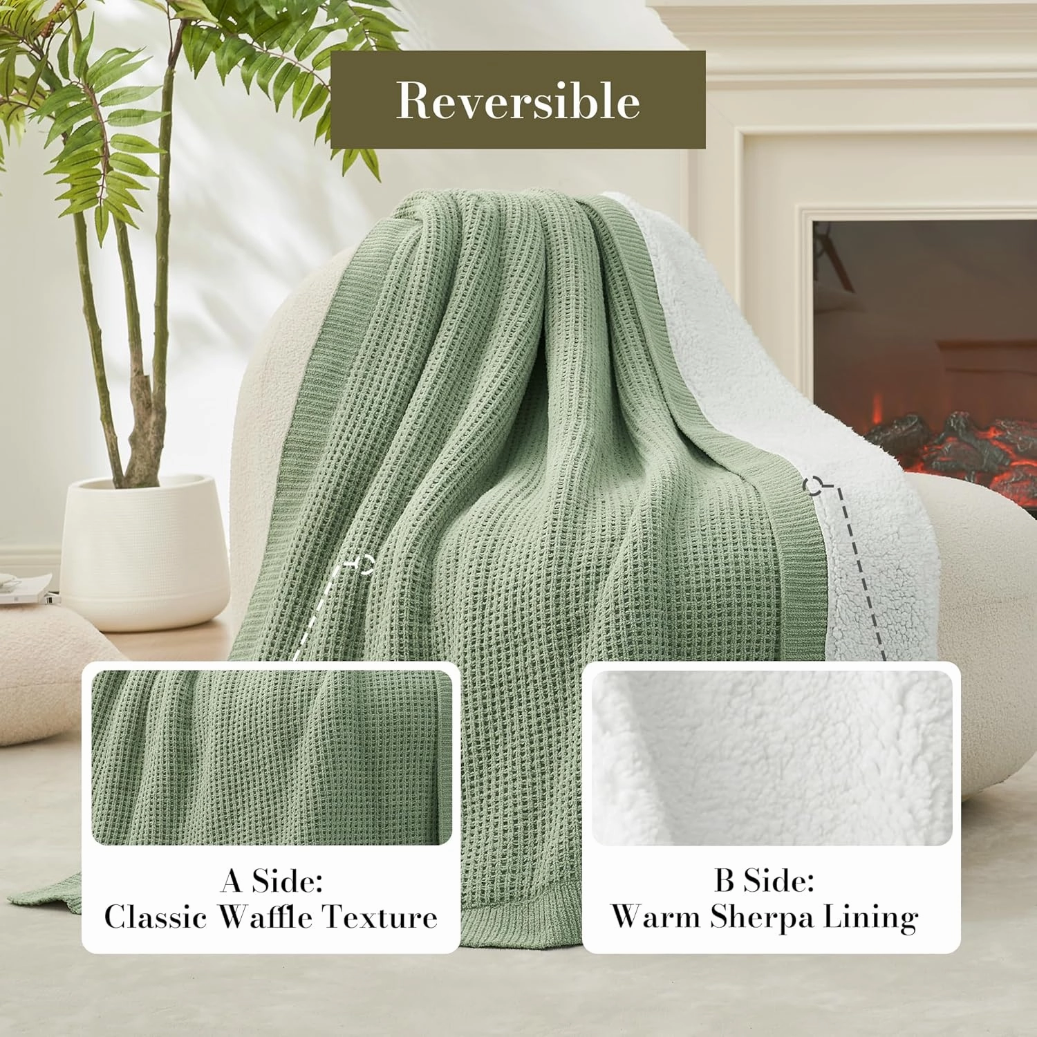 Amélie Home Waffle Weave Sherpa Throw Blanket for Couch Bed- Reversible Fleece Chenille Fuzzy Soft Cozy Fluffy Blankets Sofa Chair Living Room Bedroom Home Spring Decor, 50"x60", Sage Green