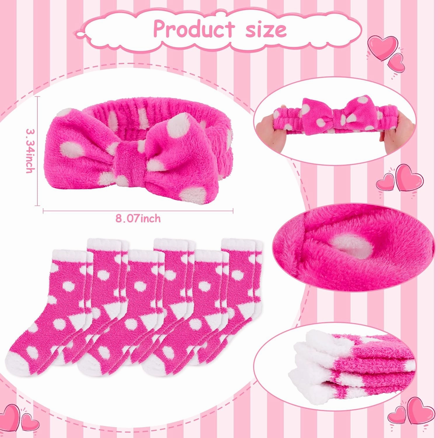 ANBALA 6 Soft Spa Headband and 6 Fuzzy Socks Spa Party Supplies Stuffs for Slumber Party (Hot Pink)