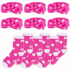 ANBALA 6 Soft Spa Headband and 6 Fuzzy Socks Spa Party Supplies Stuffs for Slumber Party (Hot Pink)