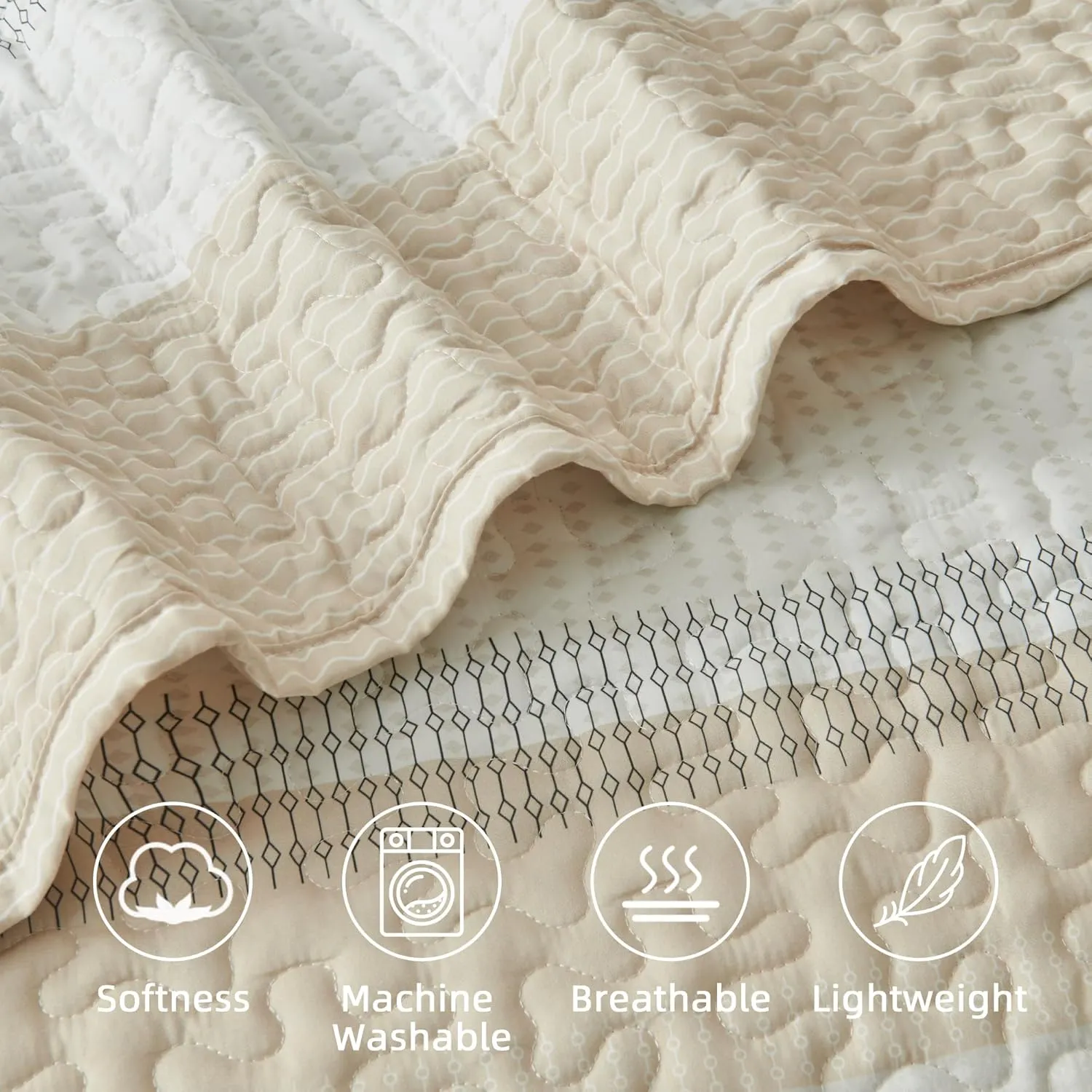 Andency California King Size Quilt Set Beige, 3 Pieces Beige Ultra Soft Lightweight Bedspreads & Coverlets Set, Patchwork Striped Quilted Bedding Sets for All Seasons (1 Quilt, 2 Pillow Shams)