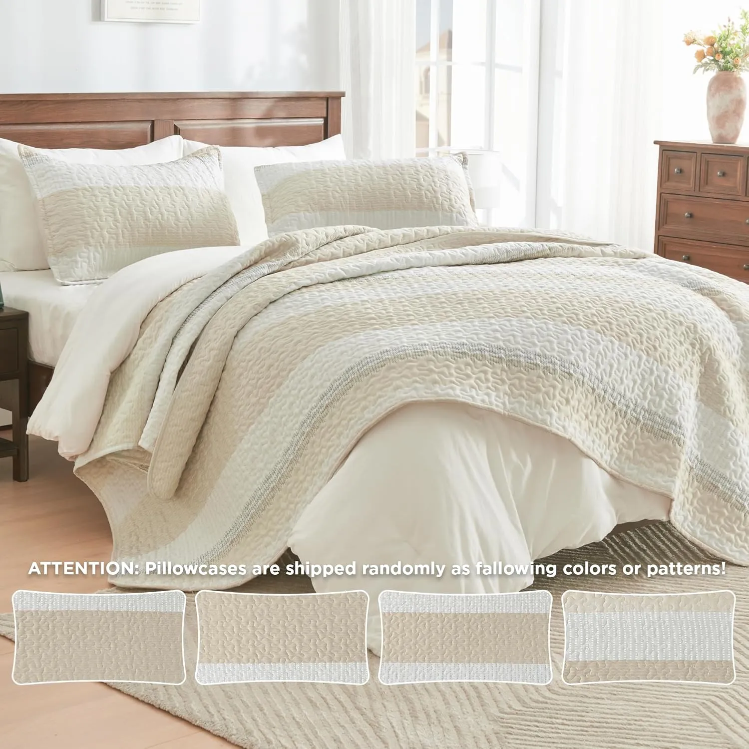Andency California King Size Quilt Set Beige, 3 Pieces Beige Ultra Soft Lightweight Bedspreads & Coverlets Set, Patchwork Striped Quilted Bedding Sets for All Seasons (1 Quilt, 2 Pillow Shams)