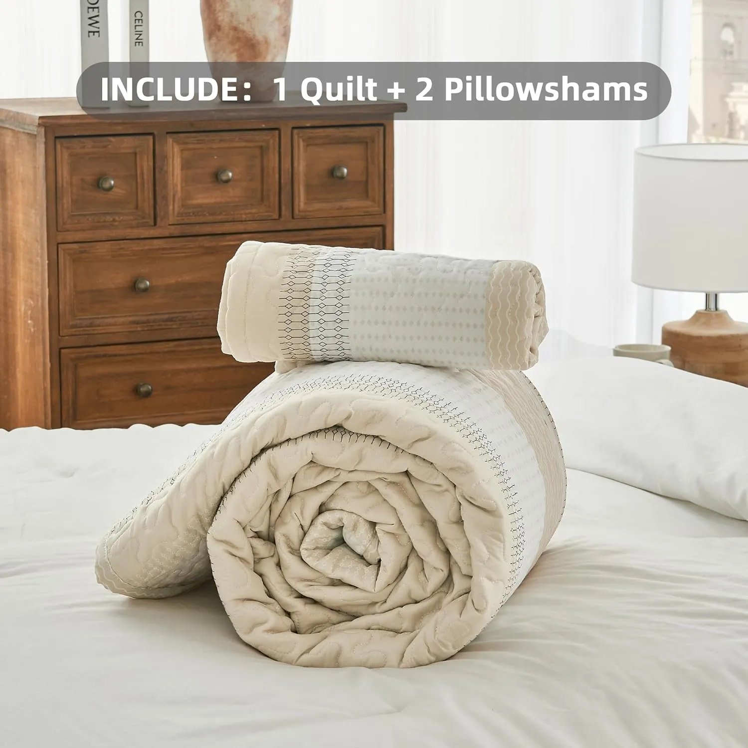 Andency California King Size Quilt Set Beige, 3 Pieces Beige Ultra Soft Lightweight Bedspreads & Coverlets Set, Patchwork Striped Quilted Bedding Sets for All Seasons (1 Quilt, 2 Pillow Shams)