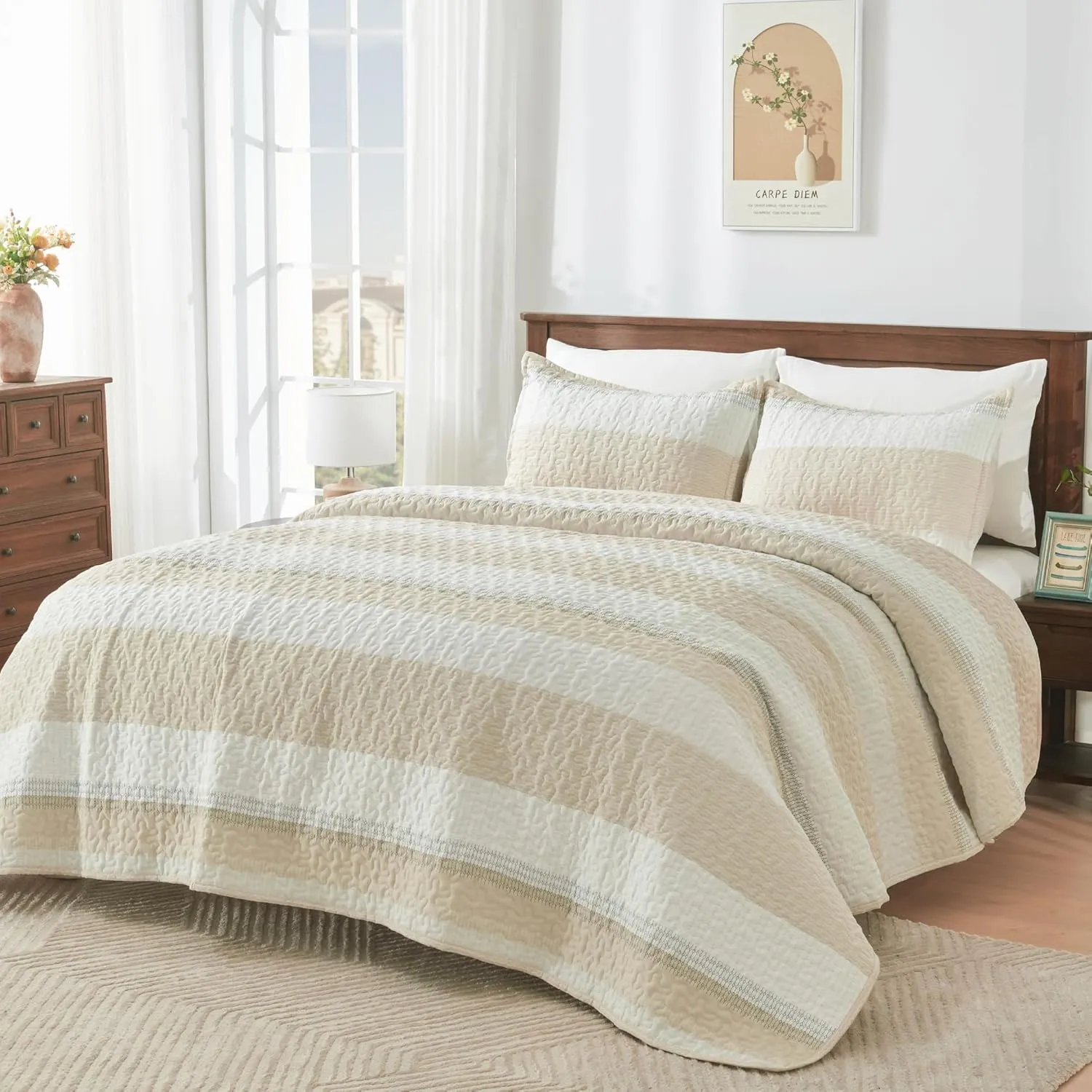 Andency California King Size Quilt Set Beige, 3 Pieces Beige Ultra Soft Lightweight Bedspreads & Coverlets Set, Patchwork Striped Quilted Bedding Sets for All Seasons (1 Quilt, 2 Pillow Shams)