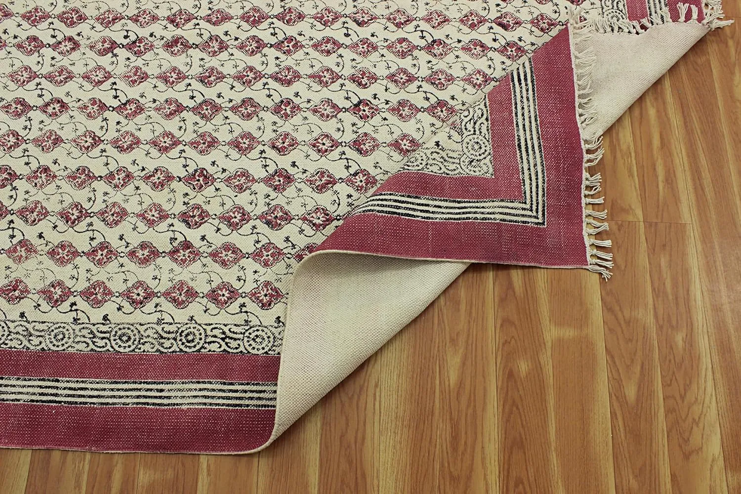 Area Rug 10x14 Feet Pink & Beige Cotton Kilim Dhurrie Floral Thick 5 mm Indoor/Outdoor