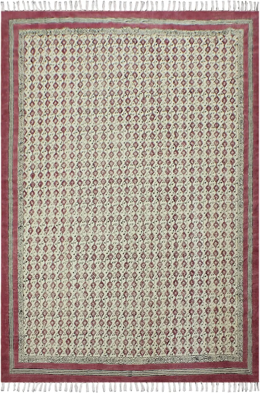 Area Rug 10x14 Feet Pink & Beige Cotton Kilim Dhurrie Floral Thick 5 mm Indoor/Outdoor