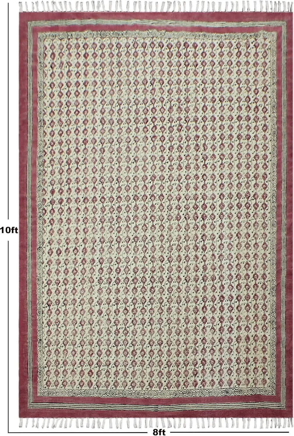 Area Rug 10x14 Feet Pink & Beige Cotton Kilim Dhurrie Floral Thick 5 mm Indoor/Outdoor