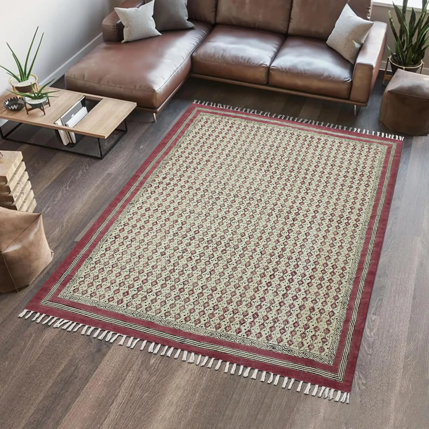 Area Rug 10x14 Feet Pink & Beige Cotton Kilim Dhurrie Floral Thick 5 mm Indoor/Outdoor